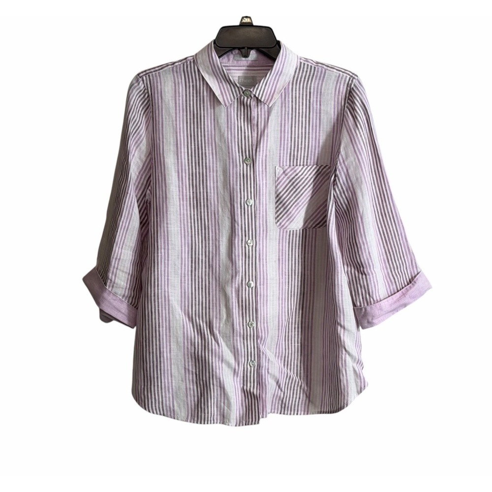 Chicos Med Blouse Non Iron Fresh Chic 100% Linen Button Down Purple